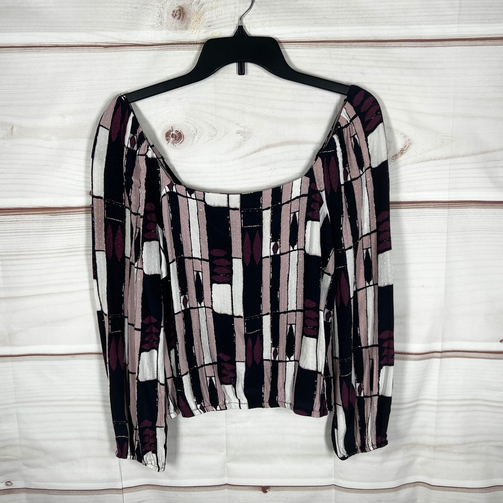 THE ODELLS Geometric Blouse Womens S Multi Pattern Square Neck Long Sleeve Top